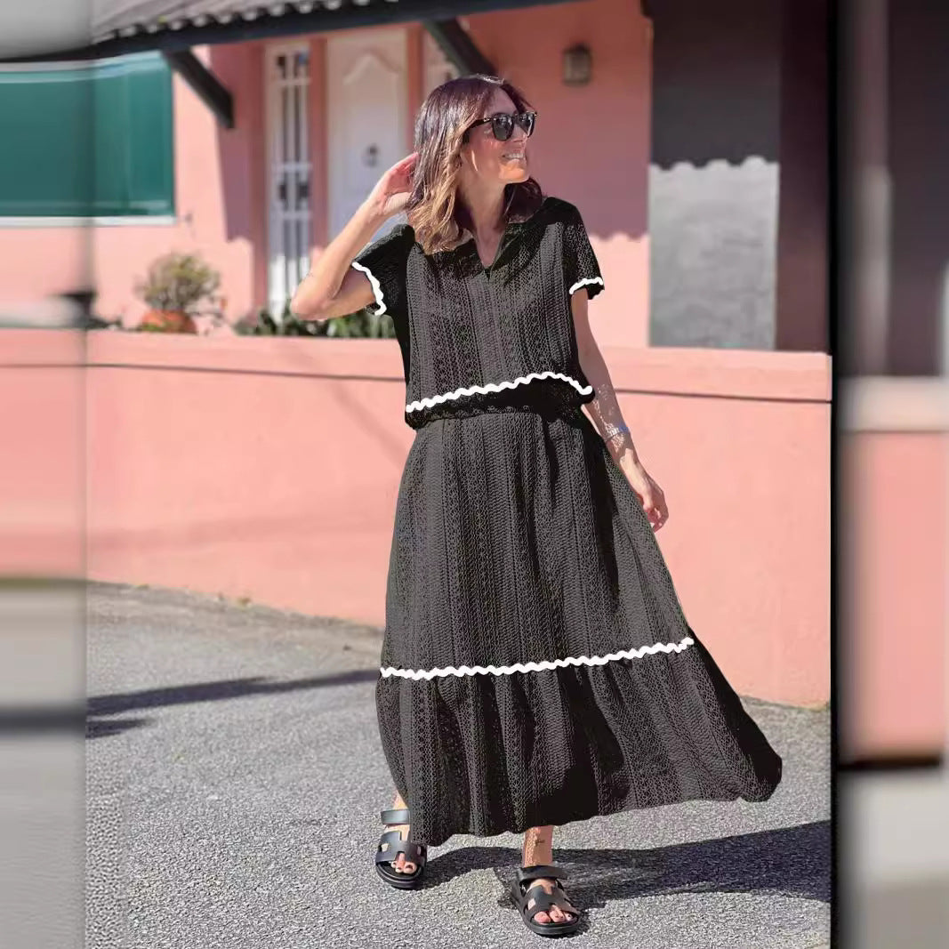 Women's Skirt Set – Cotton Blend – Relaxed Fit – Short Sleeves – A-line Maxi Skirt