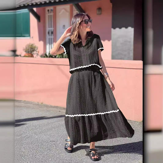 Women's Skirt Set – Cotton Blend – Relaxed Fit – Short Sleeves – A-line Maxi Skirt