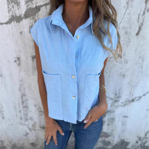Women's Sleeveless Top – Relaxed Fit – Button Closure – Natural Fibers – With Collar