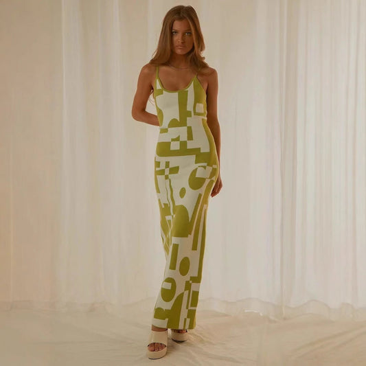 Women's Maxi Dress – Bodycon Fit – Abstract Print – Spaghetti Straps – Stretch Fabric