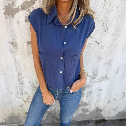 Women's Sleeveless Top – Relaxed Fit – Button Closure – Natural Fibers – With Collar