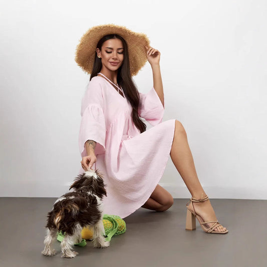 Women's Dress – V-neck – Loose Fit – Light Cotton – Knee-length with Tie Belt