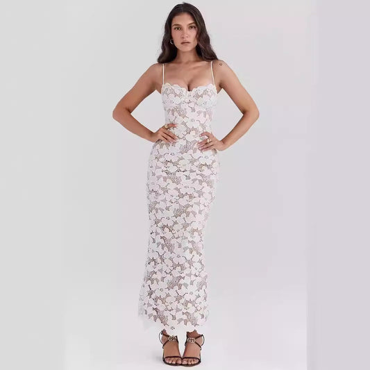 Women's Slip Dress – Slim Fit – Lace Surface – Heart-Shaped Neckline – Ankle Length