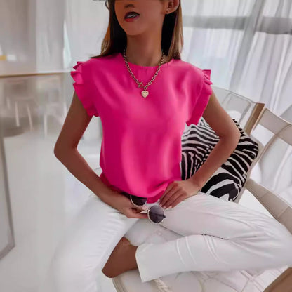 Women's Blouse – Relaxed Fit – Ruched Sleeves – Breathable Lightweight Fabric – Round Neck