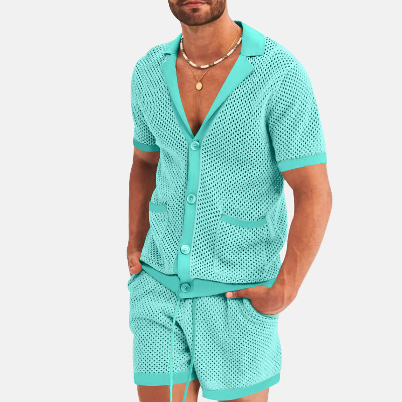 Men's set - Mesh button shirt and shorts - Summer outfit