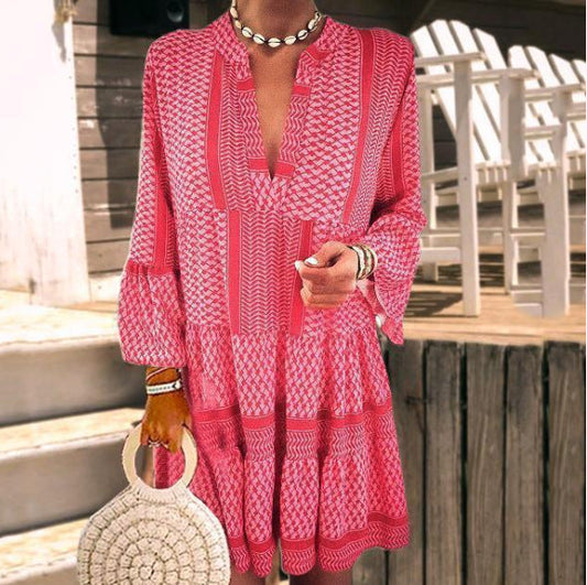 Women's A-line Dress – Long Sleeve – V-neck – Geometric Pattern – Breathable Fabric