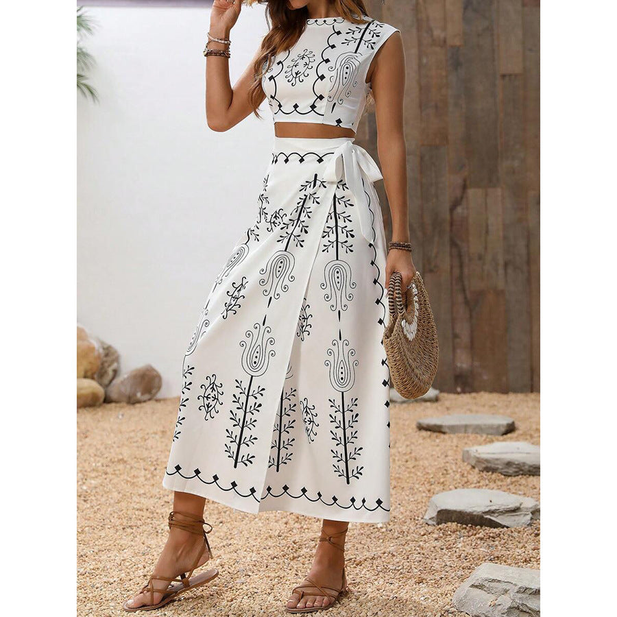 Women's Two-piece Set – Sleeveless Crop Top with Embroidery – Midi Wrap Skirt in Lightweight Material