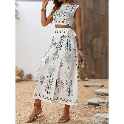 Women's Two-piece Set – Sleeveless Crop Top with Embroidery – Midi Wrap Skirt in Lightweight Material