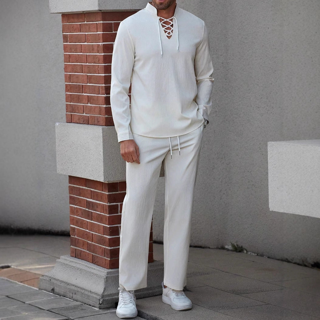 Men's Henley Shirt – Cotton Linen Mix – Relaxed Fit – Lace Closure – Mandarin Collar