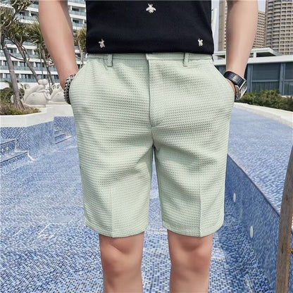 Men's Shorts – Slim Fit – Woven Texture – Button Closure – Knee-Length – Belt Loops