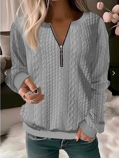 Women's Knit Sweater – Relaxed Fit – Cable Knit – Zip Collar – Soft and Warm
