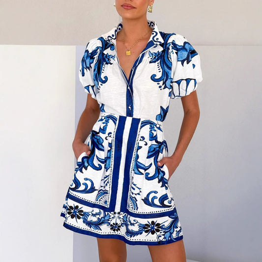 Women's dress set – A-line mini – Puff sleeves – Buttons and pockets – Light linen