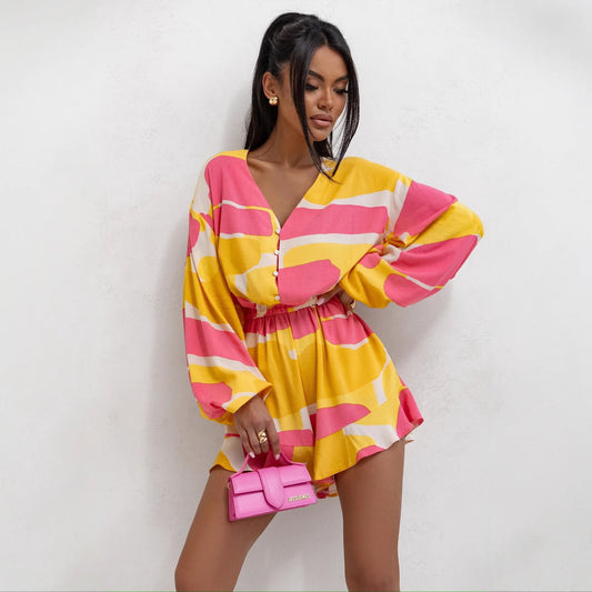 Women's Romper – V-Neck – Relaxed Fit – Long Sleeve – Abstract Pattern