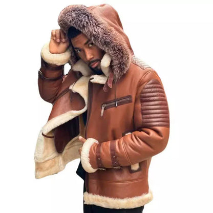 Men’s Coat - Shearling - Quilted Moto Panels - Fur-Lined Hood - Adjustable Buckle Straps