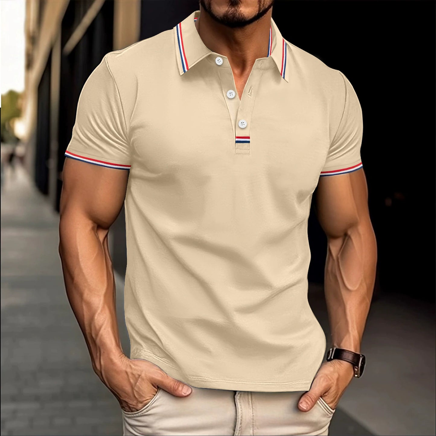 Men's Polo - Classic Design - Button Closure - Contrast Rib Collar - Embroidered Logo