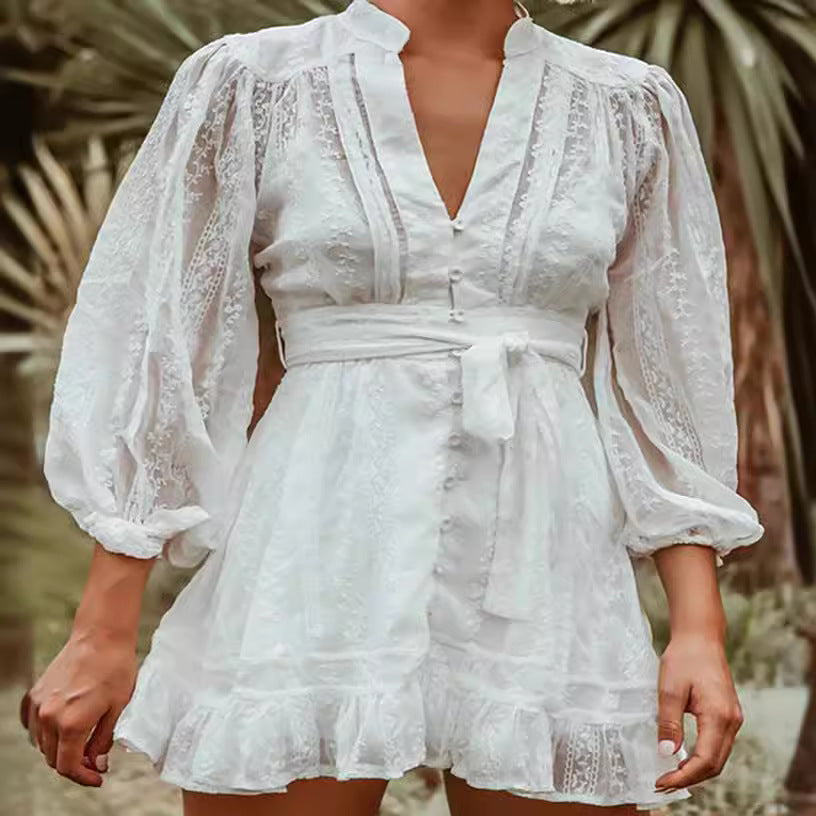 Dress for Women – Mini Cut – Tie at the Waist – Long Balloon Sleeves – Light and Breathable