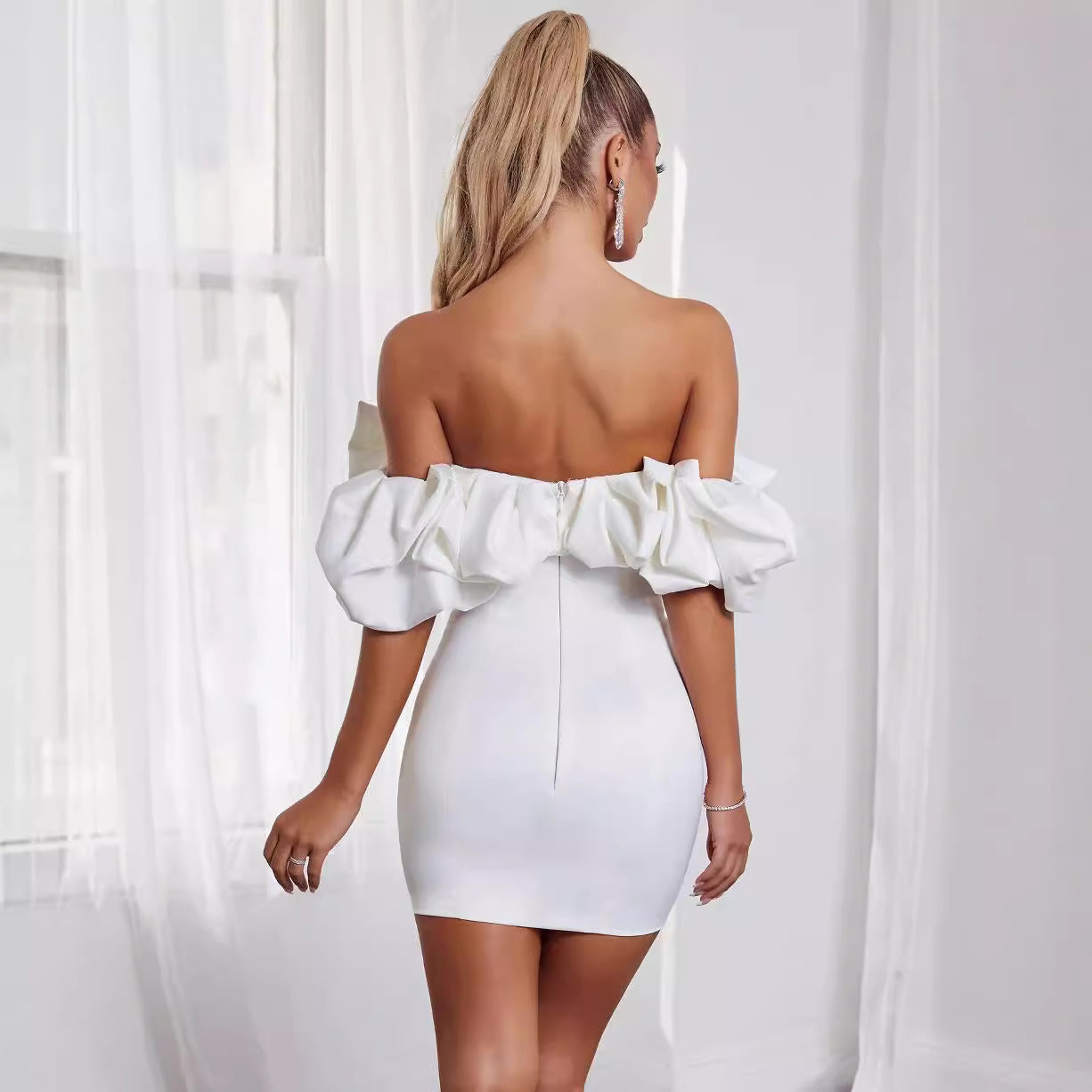 Dress for Women – Off Shoulder Mini Dress – Slim Fit – Ruched Neckline