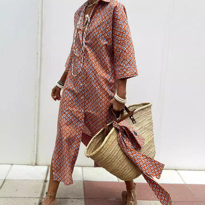 Women's Shirt Dress – Relaxed Fit – Striped – Button Closure – Elbow-Length Sleeves