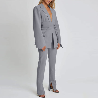 Women's Blazer – Long Tailored Fit – Tie Belt – Notch Lapels – Flap Pockets