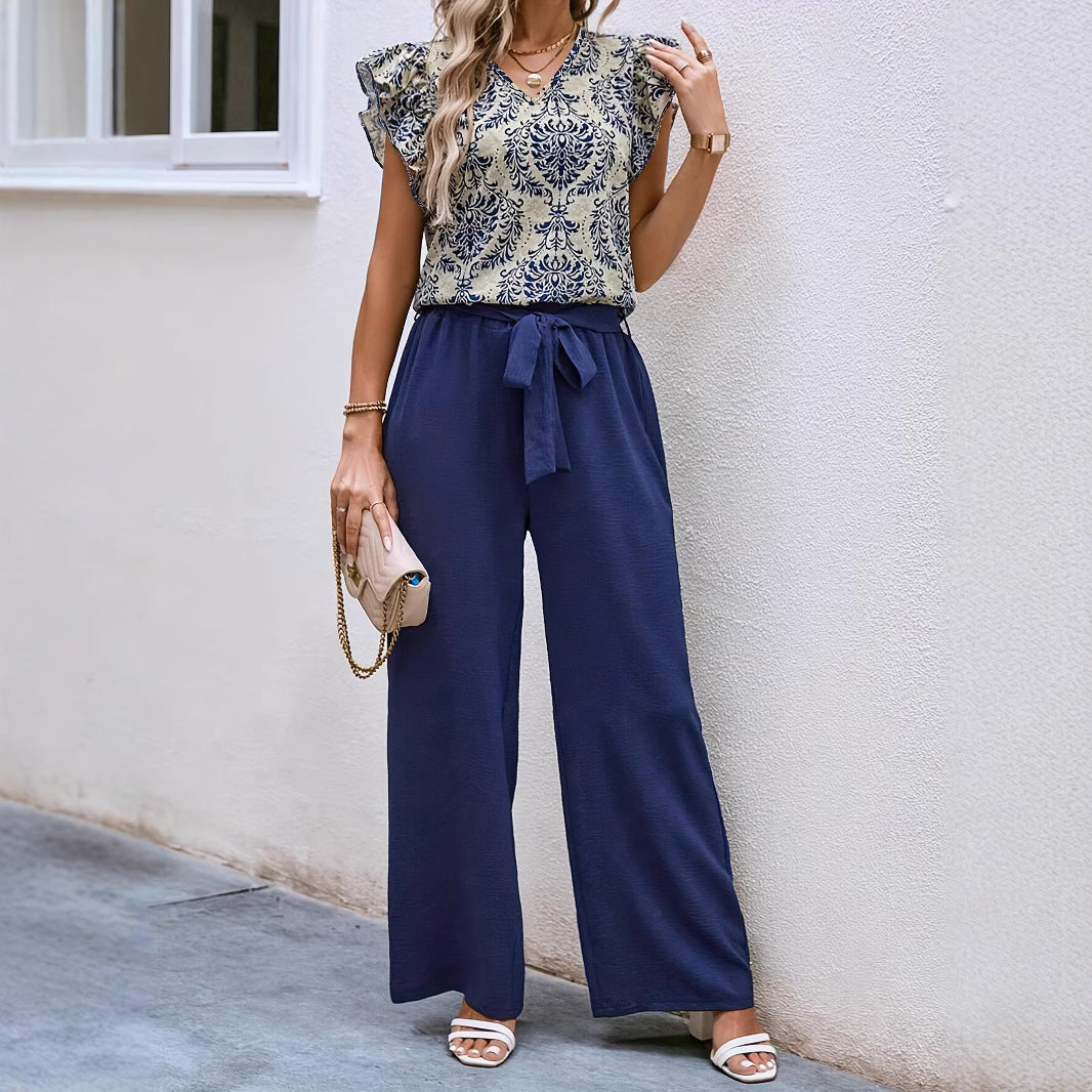 Women's Set – V-Neck Top with Ruffle Sleeves and Floral Print – Wide Pants with Belt