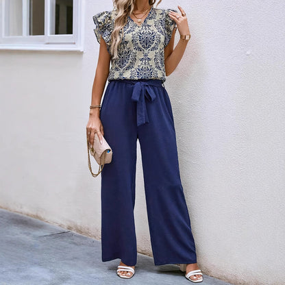 Women's Set – V-Neck Top with Ruffle Sleeves and Floral Print – Wide Pants with Belt