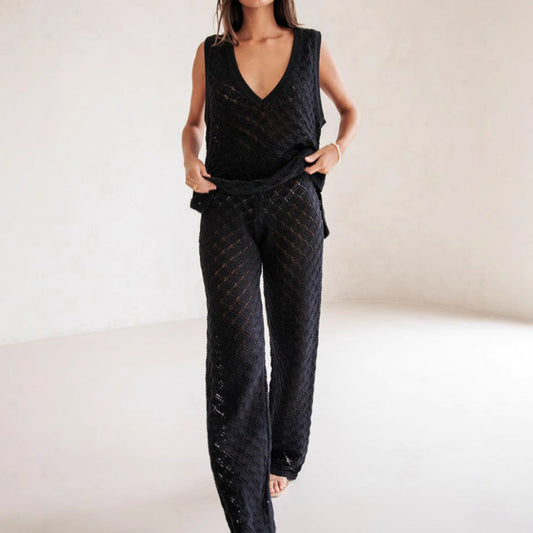 Women's Set with Sleeveless Top and Pants – Knit with Diamond Pattern – Relaxed Fit