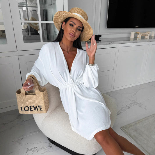 Women's Dress with V-Neck – Lightweight Fabric – Relaxed Fit – Defined Waist – Long Sleeves