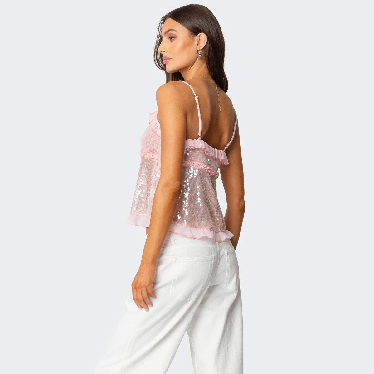 Women's Halter Crop Top – Sequins – Tight-fitting – Ruffle Edge – Tie String