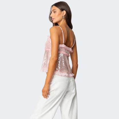 Women's Halter Crop Top – Sequins – Tight-fitting – Ruffle Edge – Tie String