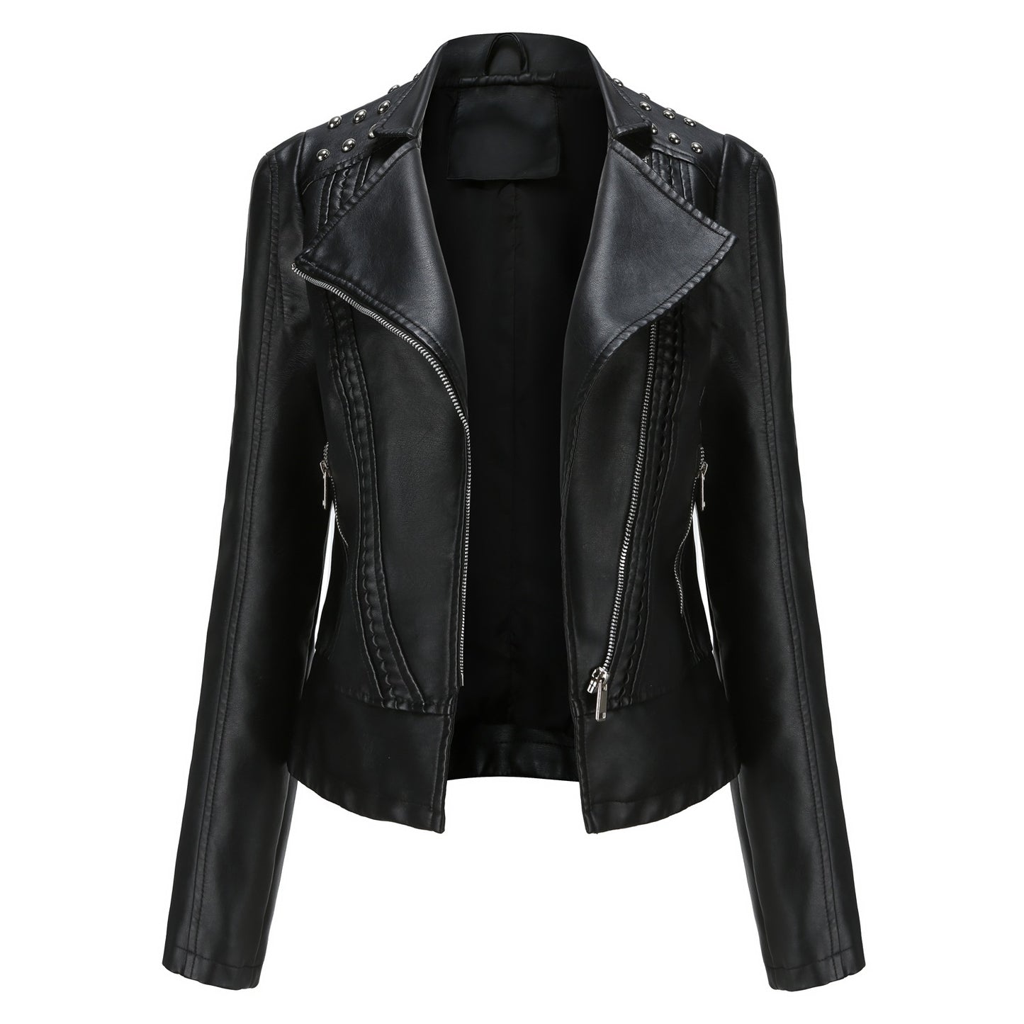 Women's Biker Jacket - Studded Shoulder - Zip Front Moto Style