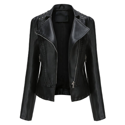 Women's Biker Jacket - Studded Shoulder - Zip Front Moto Style
