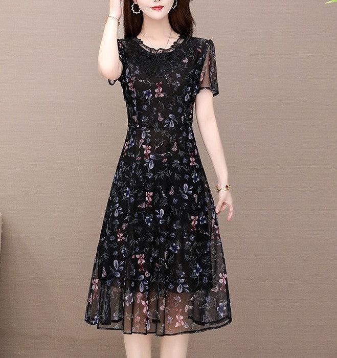 Women's Elegant Short-Sleeve Floral A-Line Dress