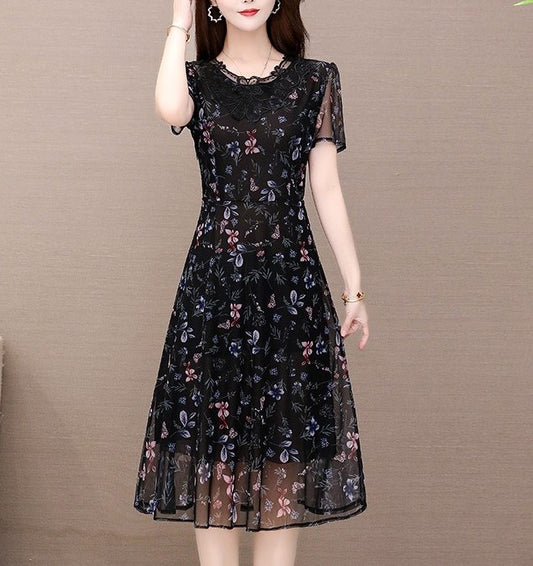 Women's Elegant Short-Sleeve Floral A-Line Dress