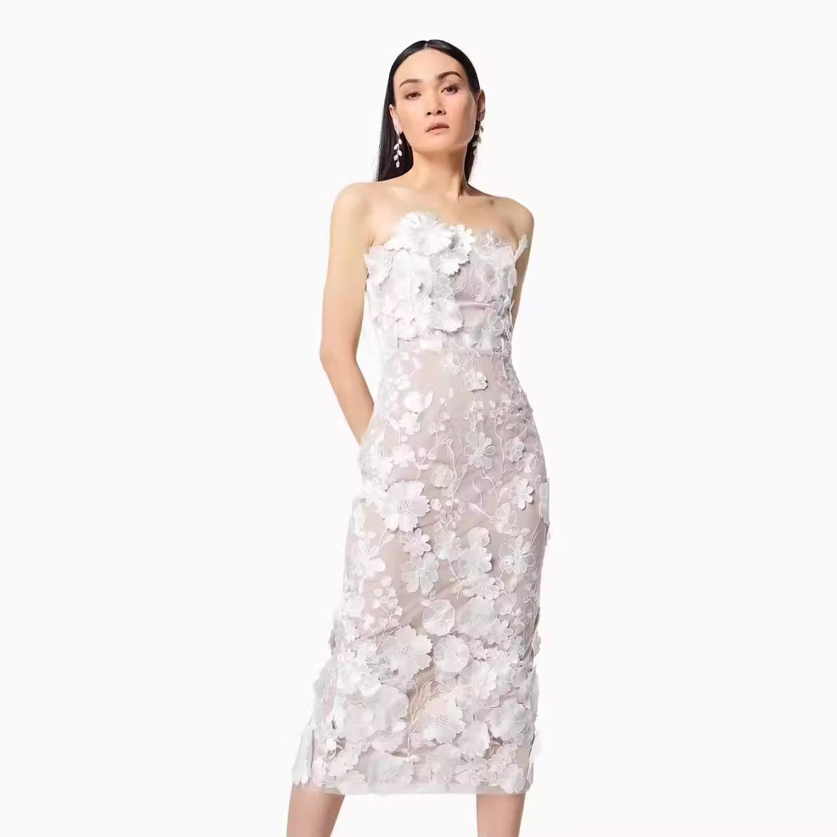 Dress for Women – Strapless Slim Fit – Tulle with 3D Flowers – Midi Length