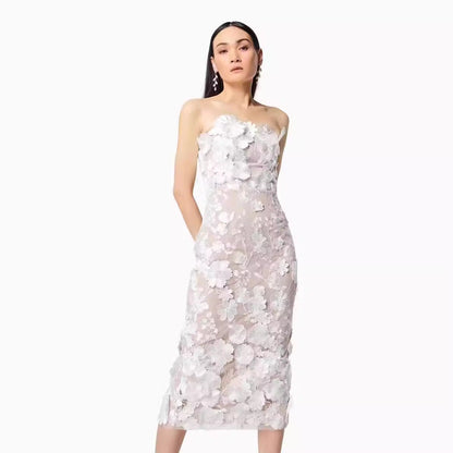 Dress for Women – Strapless Slim Fit – Tulle with 3D Flowers – Midi Length