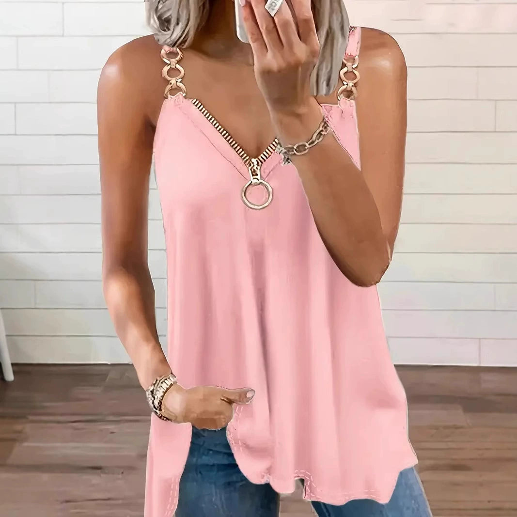 Women’s Sleeveless Blouse – Loose Fit – V-Neck with Ring Zipper – Chain Strap Details