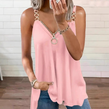 Women’s Sleeveless Blouse – Loose Fit – V-Neck with Ring Zipper – Chain Strap Details