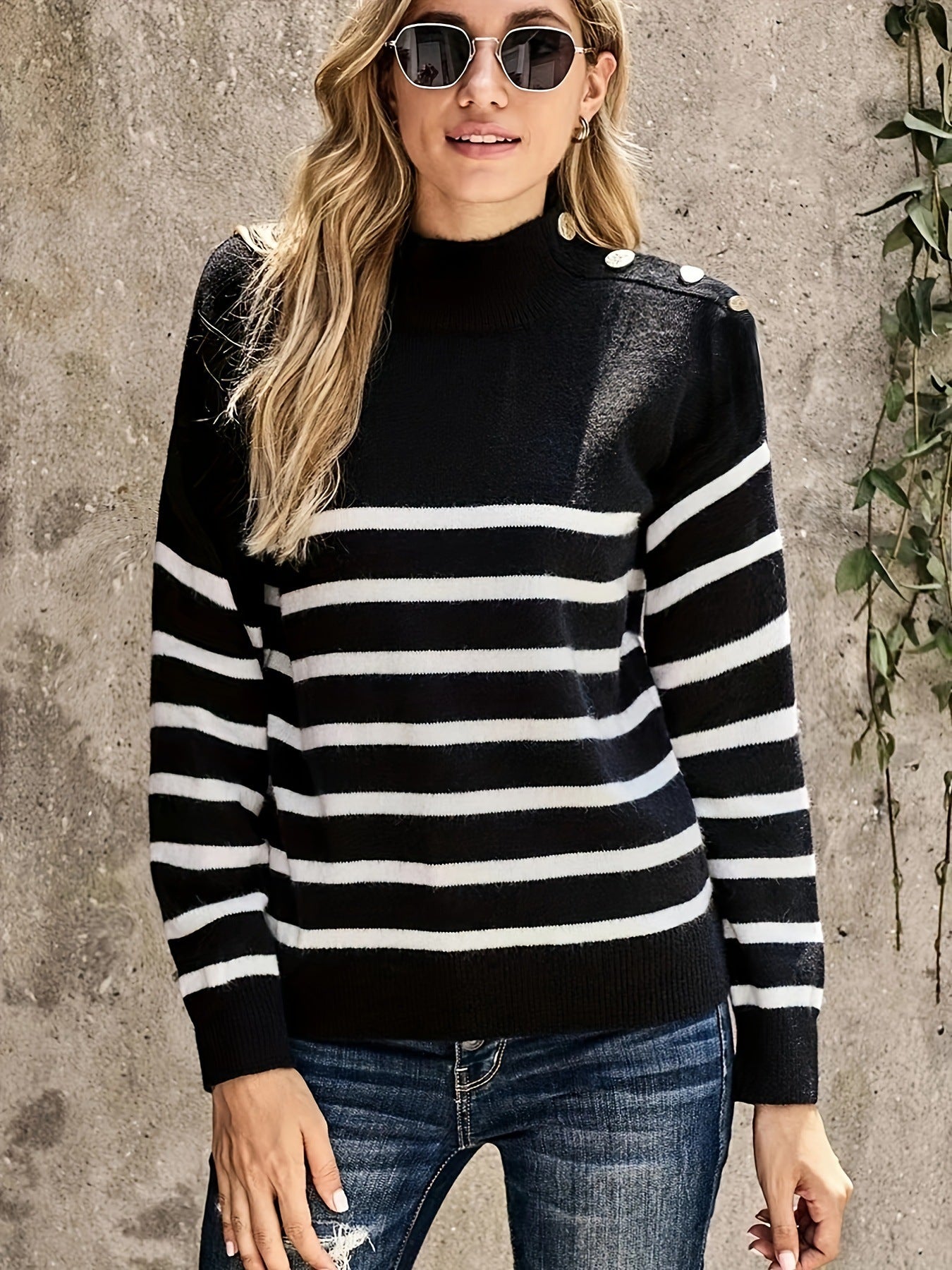 Women's Striped Knit Sweater - Mock Neck - Shoulder Button Accent - Long Sleeve Casual Fit