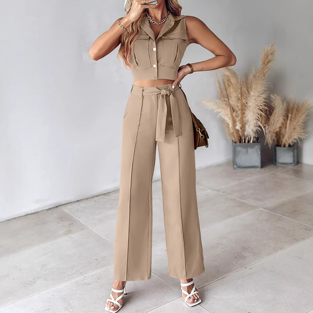 Women's Jumpsuit – Sleeveless Crop Top – High Waist Belted Pants – Soft Woven Design