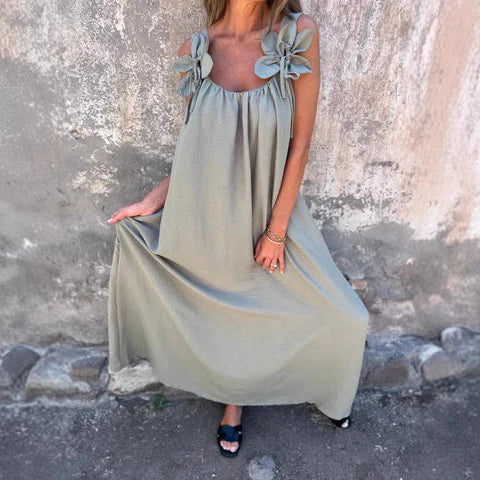 Women's Maxi Dress – Relaxed Fit – Lightweight and Breathable – Floral Details on Shoulders