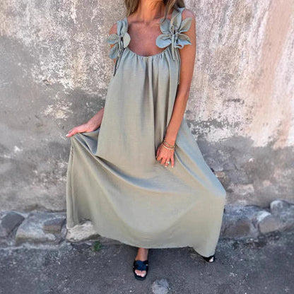 Women's Maxi Dress – Relaxed Fit – Lightweight and Breathable – Floral Details on Shoulders