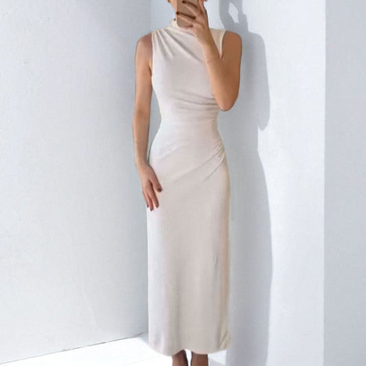 Women's Long Dress – Slim Fit – Sleeveless – High Neck – Ruched Formal Design