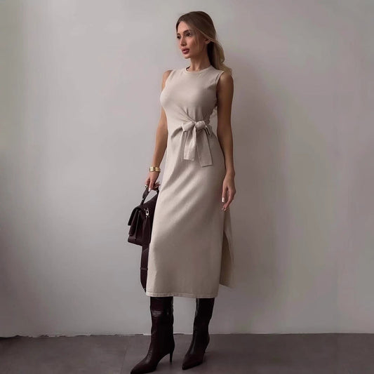 Dress for Women – Slim Fit Midi – Sleeveless – Bow Detail – Stretchable Fabric