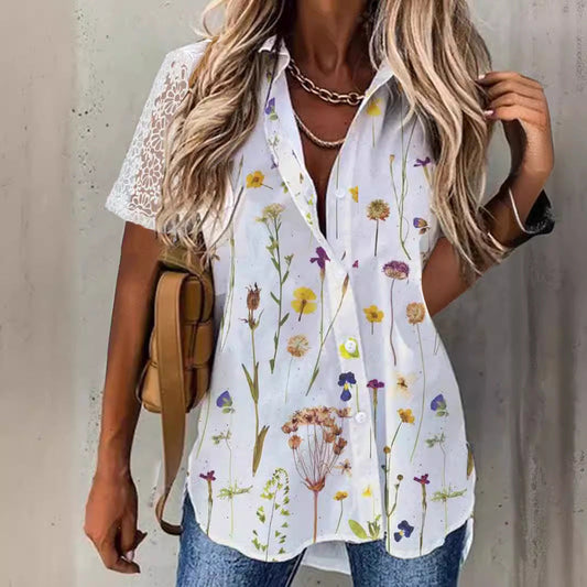 Women's Blouse – Relaxed Fit – Floral Print – Lace Sleeve – Button Closure – Breathable