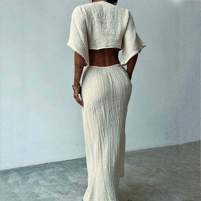 Women's Maxi Dress – Slim Fit – V-Neck – Waist Cutout – Open Back – Short Sleeves