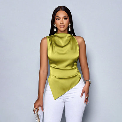 Women's Sleeveless Blouse – Slim Fit – High Neck – Shiny Luxurious Fabric – Asymmetric Hem