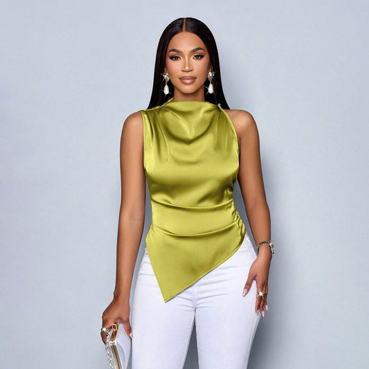 Women's Sleeveless Blouse – Slim Fit – High Neck – Shiny Luxurious Fabric – Asymmetric Hem