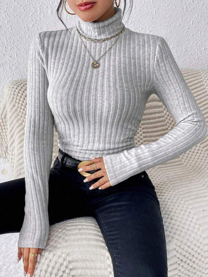 Women's Turtleneck Sweatshirt – Slim Fit – Ribbed Knit – Long Sleeves-Soft Wool Feel