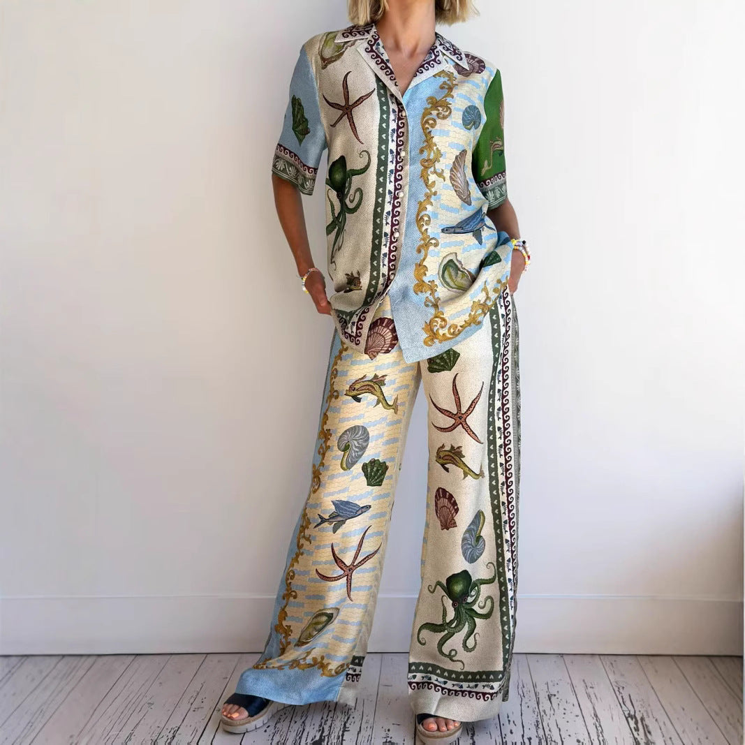 Women's Set with Shirt and Pants – Linen Blend – Relaxed Fit – Wide Leg – Print