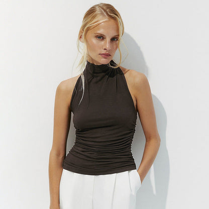 Women's Halterneck Top – Slim Fit – Ruched Waist – Open Back – Soft Knit